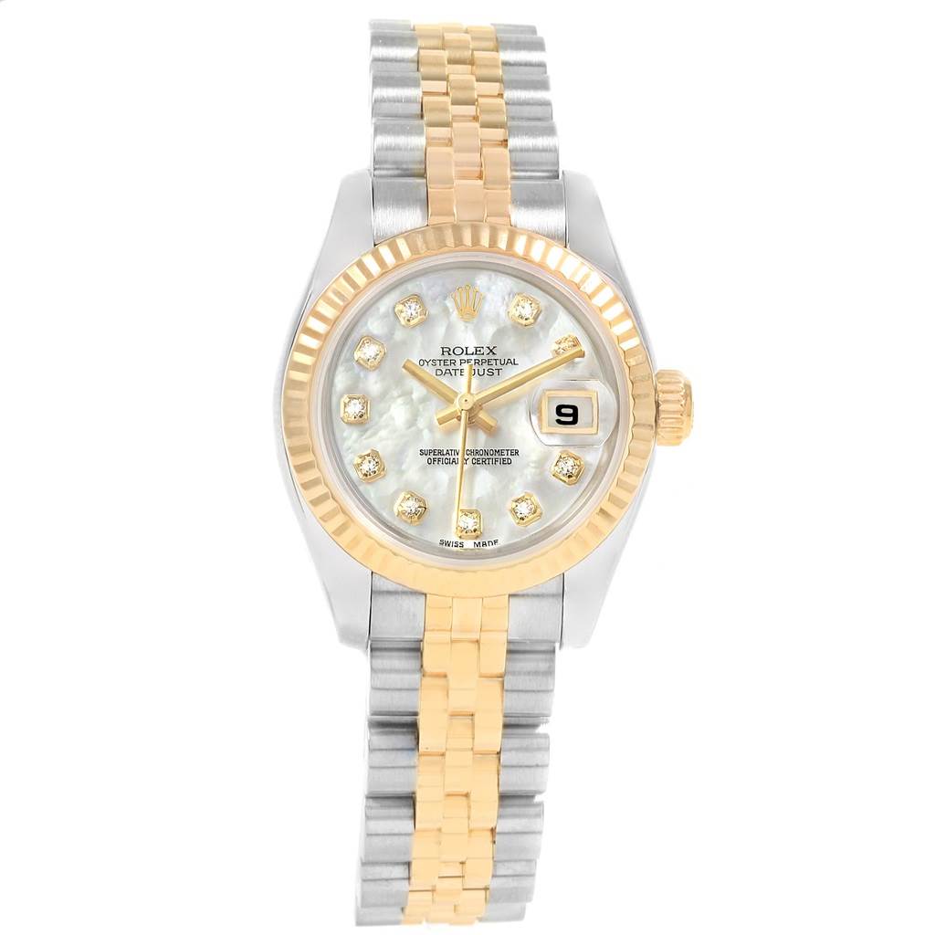 The image shows a Rolex Datejust 179173 Women's Steel and Gold (two tone) Mother of Pearl Dial 179173 Women's Steel and Gold (two tone) Mother of Pearl Dial model from a frontal angle, highlighting its dial, bezel, and two-tone bracelet.