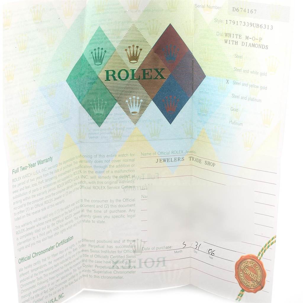 The image shows the warranty card for a Rolex Datejust 179173 Women's Steel and Gold (two tone) Mother of Pearl Dial 179173 Women's Steel and Gold (two tone) Mother of Pearl Dial watch, detailing the model, style, and purchase information.