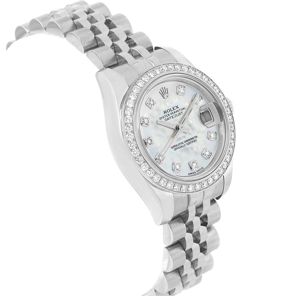 The image shows a Rolex Datejust 179384 Women's Stainless Steel Mother of Pearl Dial 179384 Women's Stainless Steel Mother of Pearl Dial watch at a tilted angle, highlighting the dial, diamond bezel, and part of the bracelet.