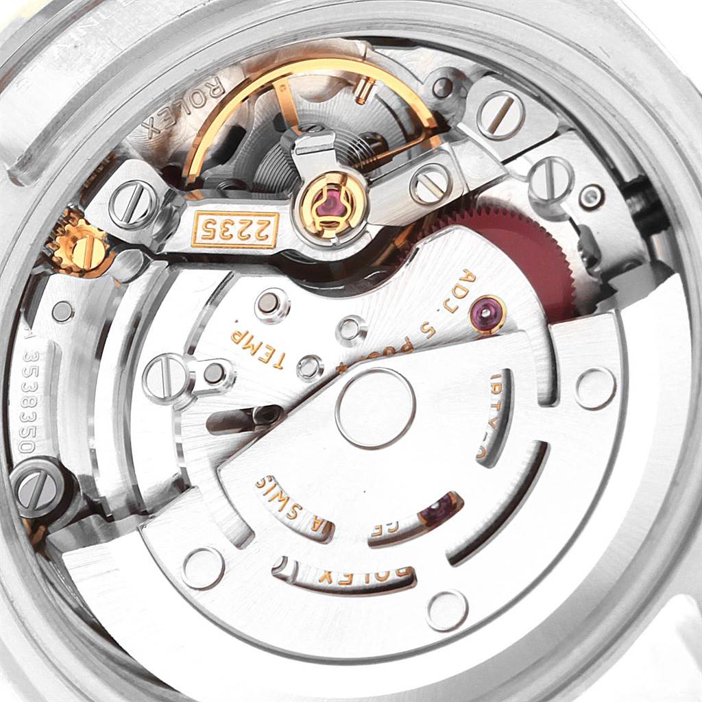 This image shows the internal mechanical movement of a Rolex Datejust 179384 Women's Stainless Steel Mother of Pearl Dial 179384 Women's Stainless Steel Mother of Pearl Dial watch from a close-up angle.