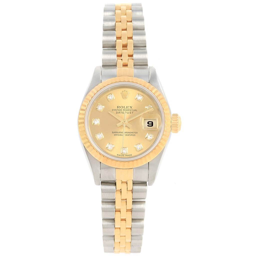 The image shows a front view of a Rolex Datejust 69173 Women's Stainless Steel Champagne Dial 69173 Women's Stainless Steel Champagne Dial watch displaying its face, bezel, and bracelet.