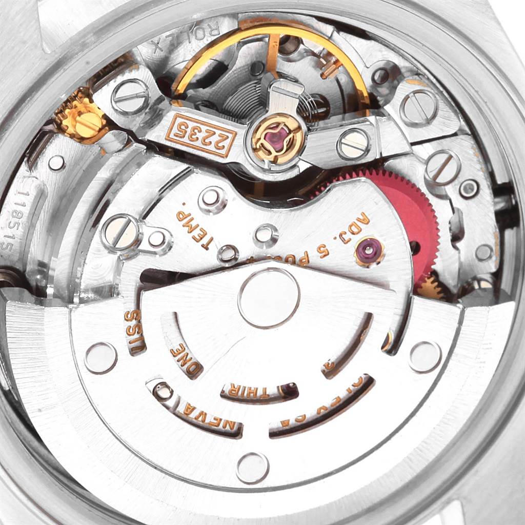 This close-up image shows the intricate movements and components of the Rolex Datejust 69173 Women's Stainless Steel Champagne Dial 69173 Women's Stainless Steel Champagne Dial watch's internal mechanism.