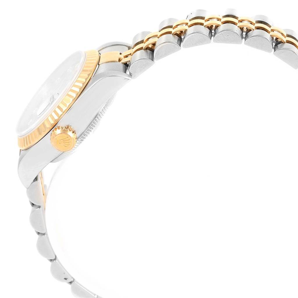 This image shows a side angle of a Rolex Datejust 69173 Women's Stainless Steel Champagne Dial 69173 Women's Stainless Steel Champagne Dial watch, focusing on the crown and bracelet.