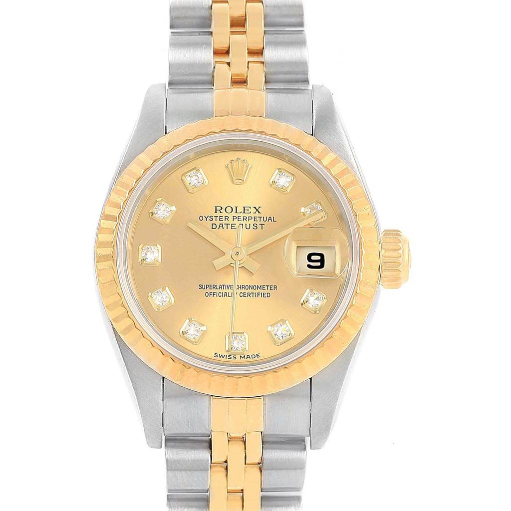 The image shows a frontal view of a Rolex Datejust 69173 Women's Stainless Steel Champagne Dial 69173 Women's Stainless Steel Champagne Dial watch, showcasing its dial, bezel, and bracelet.