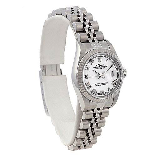This image shows a Rolex Datejust 79174 Women
s Stainless Steel White Dial 79174 Women
s Stainless Steel White Dial watch angled to display the dial, bezel, crown, and bracelet.