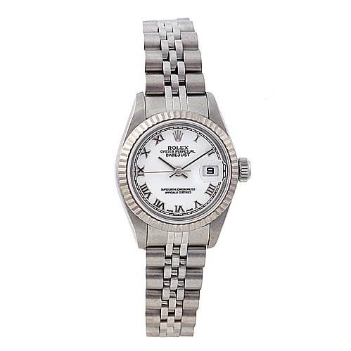 This image shows a front view of the Rolex Datejust 79174 Women
s Stainless Steel White Dial 79174 Women
s Stainless Steel White Dial watch, displaying its face, bezel, crown, and metal bracelet.