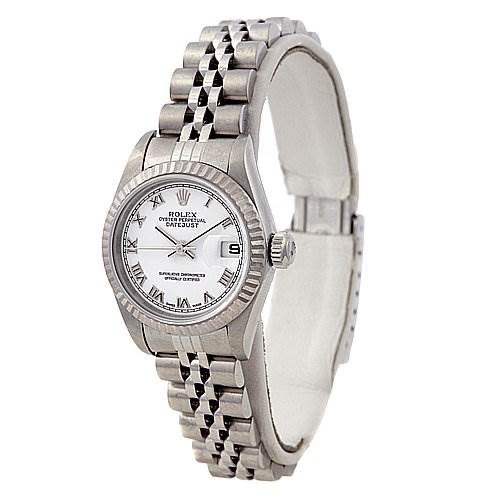 The image shows a side view of a Rolex Datejust 79174 Women
s Stainless Steel White Dial 79174 Women
s Stainless Steel White Dial watch, highlighting the bracelet and face with Roman numerals.