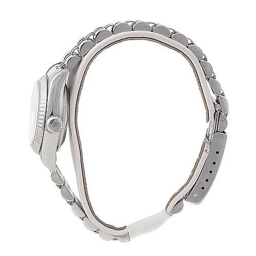 The image shows the side profile of a Rolex Datejust 79174 Women
s Stainless Steel White Dial 79174 Women
s Stainless Steel White Dial watch, highlighting the bracelet, case, and crown.