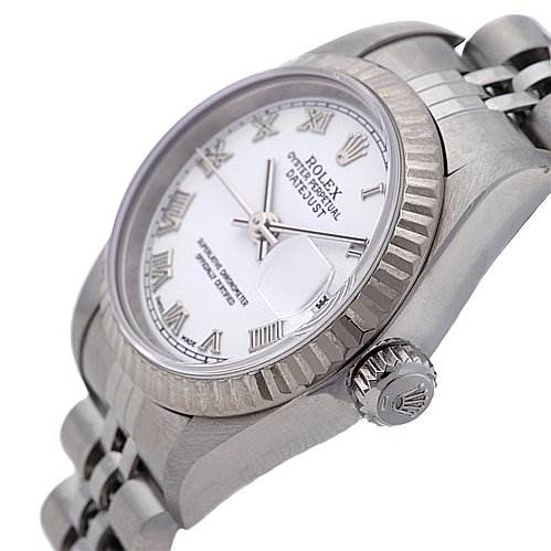 The image shows a side angle of the Rolex Datejust 79174 Women
s Stainless Steel White Dial 79174 Women
s Stainless Steel White Dial watch, highlighting the bezel, crown, dial, and part of the bracelet.