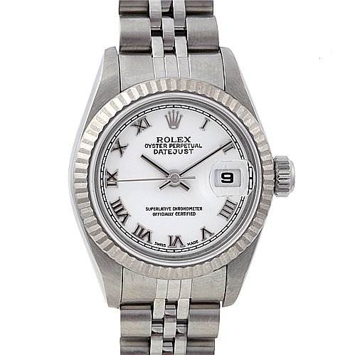 The image shows a Rolex Datejust 79174 Women
s Stainless Steel White Dial 79174 Women
s Stainless Steel White Dial watch from a front view, displaying its dial, bezel, and part of the bracelet.