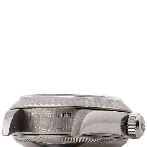 The image shows a side view of the Rolex Datejust 79174 Women
s Stainless Steel White Dial 79174 Women
s Stainless Steel White Dial watch, highlighting the stainless steel case, crown, and serial number.