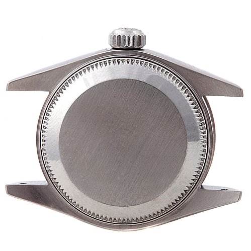 The image shows the back and the crown of a Rolex Datejust 79174 Women
s Stainless Steel White Dial 79174 Women
s Stainless Steel White Dial watch case, viewed from the rear.