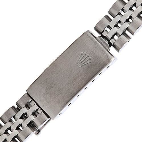 This image shows the clasp and part of the bracelet of a Rolex Datejust 79174 Women
s Stainless Steel White Dial 79174 Women
s Stainless Steel White Dial watch.