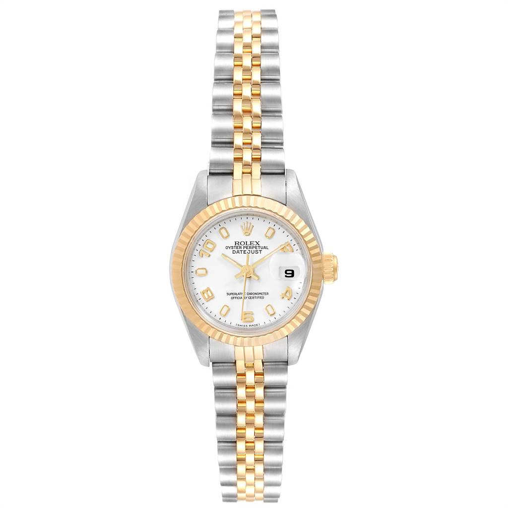 The Rolex Datejust 79173 Women's Steel and Gold (two tone) White Dial 79173 Women's Steel and Gold (two tone) White Dial watch is shown from a front angle, highlighting its dial, fluted bezel, and two-tone bracelet.
