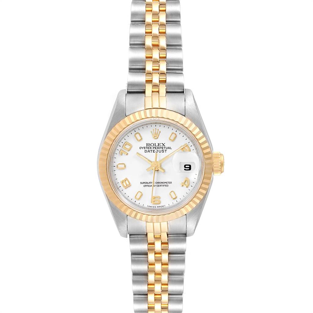 The image shows a full frontal view of a Rolex Datejust 79173 Women's Steel and Gold (two tone) White Dial 79173 Women's Steel and Gold (two tone) White Dial watch, highlighting its two-tone metal bracelet, dial, and fluted bezel.