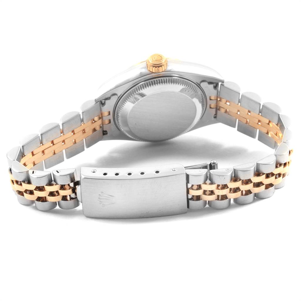 The image shows the back case and clasp of a Rolex Datejust 79173 Women's Steel and Gold (two tone) White Dial 79173 Women's Steel and Gold (two tone) White Dial watch, viewed from the rear angle.
