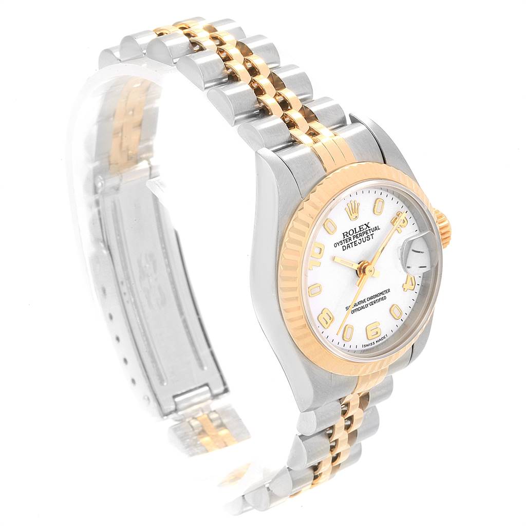 The image shows a Rolex Datejust 79173 Women's Steel and Gold (two tone) White Dial 79173 Women's Steel and Gold (two tone) White Dial watch from a slightly angled side view, highlighting the face, bezel, and Jubilee bracelet.