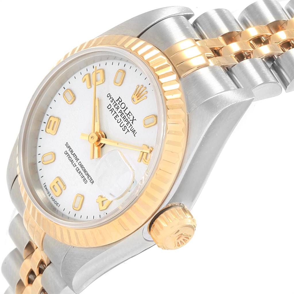This image shows a close-up angle of a Rolex Datejust 79173 Women's Steel and Gold (two tone) White Dial 79173 Women's Steel and Gold (two tone) White Dial, focusing on the dial, bezel, crown, and part of the bracelet.