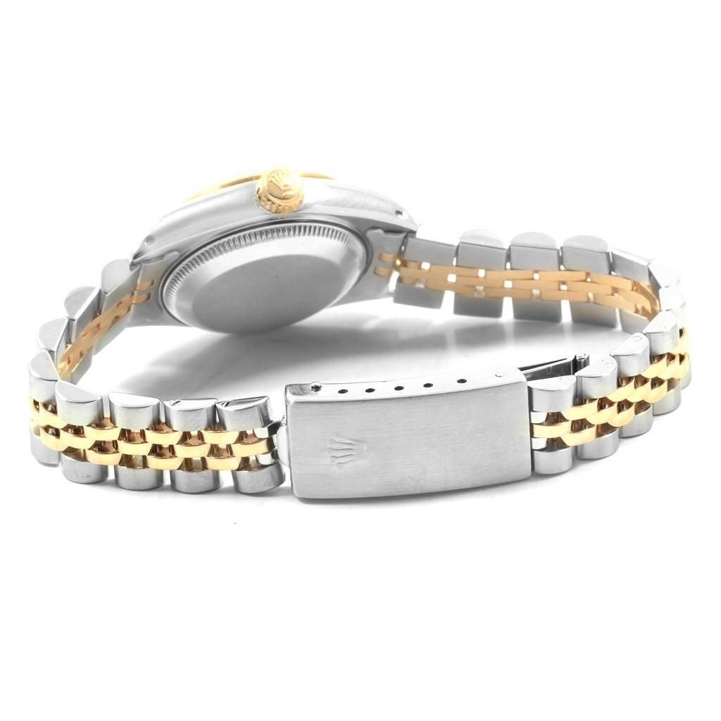 The image shows the back and side view of a Rolex Datejust 69173 Women's Stainless Steel Blue Dial 69173 Women's Stainless Steel Blue Dial watch, focusing on the case, crown, and two-tone bracelet with clasp.