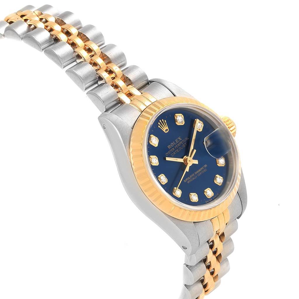 The image shows a Rolex Datejust 69173 Women's Stainless Steel Blue Dial 69173 Women's Stainless Steel Blue Dial watch at an angle displaying the case, bezel, dial, and part of the bracelet.