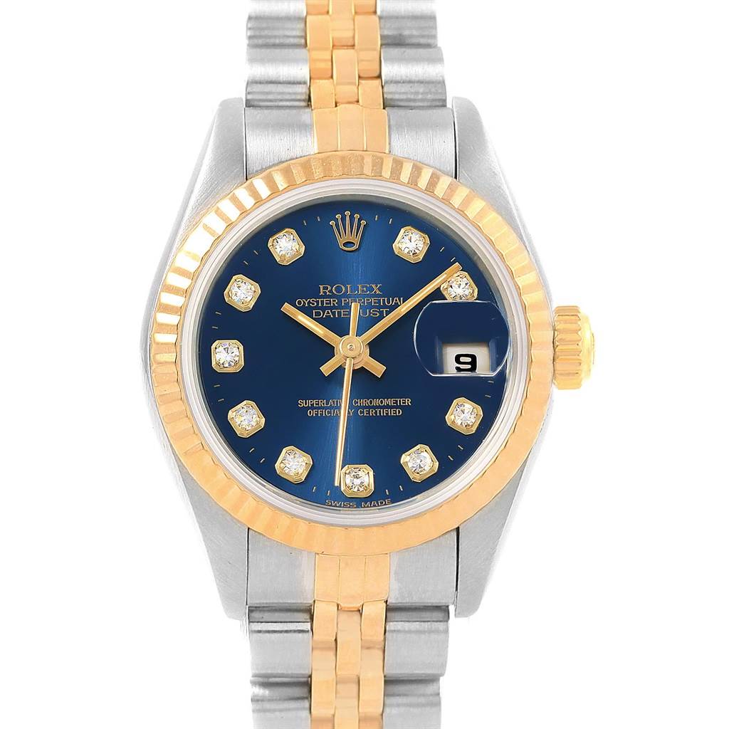 This Rolex Datejust 69173 Women's Stainless Steel Blue Dial 69173 Women's Stainless Steel Blue Dial watch is shown from a front angle, displaying its blue dial, diamond hour markers, and two-tone bracelet.