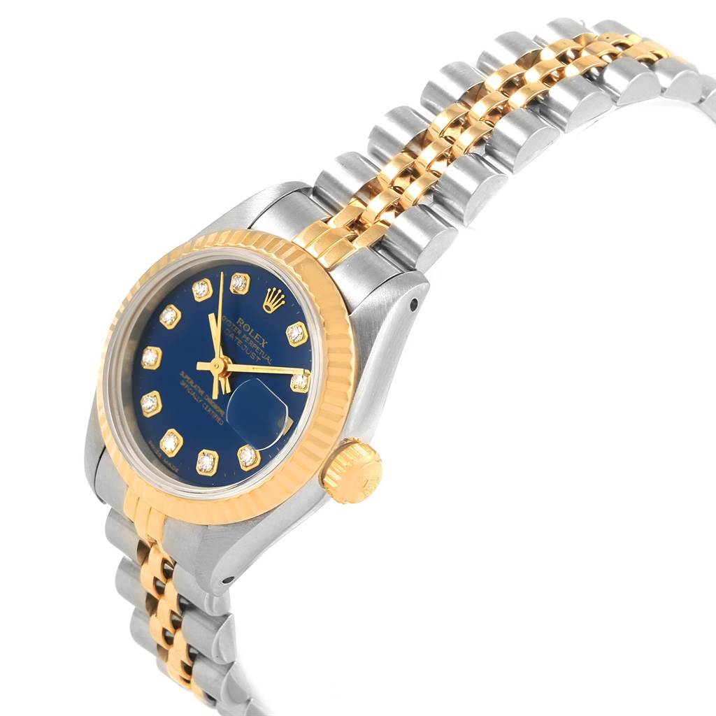 The Rolex Datejust 69173 Women's Stainless Steel Blue Dial 69173 Women's Stainless Steel Blue Dial watch is shown at a three-quarter angle, highlighting the bezel, dial, and bracelet.