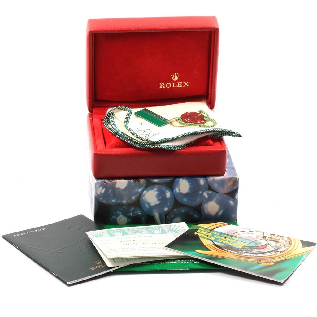 The image shows the packaging, manuals, tags, and an open red box for the Rolex Datejust 79163 Women's Steel and Gold (two tone) Silver Dial 79163 Women's Steel and Gold (two tone) Silver Dial watch model.