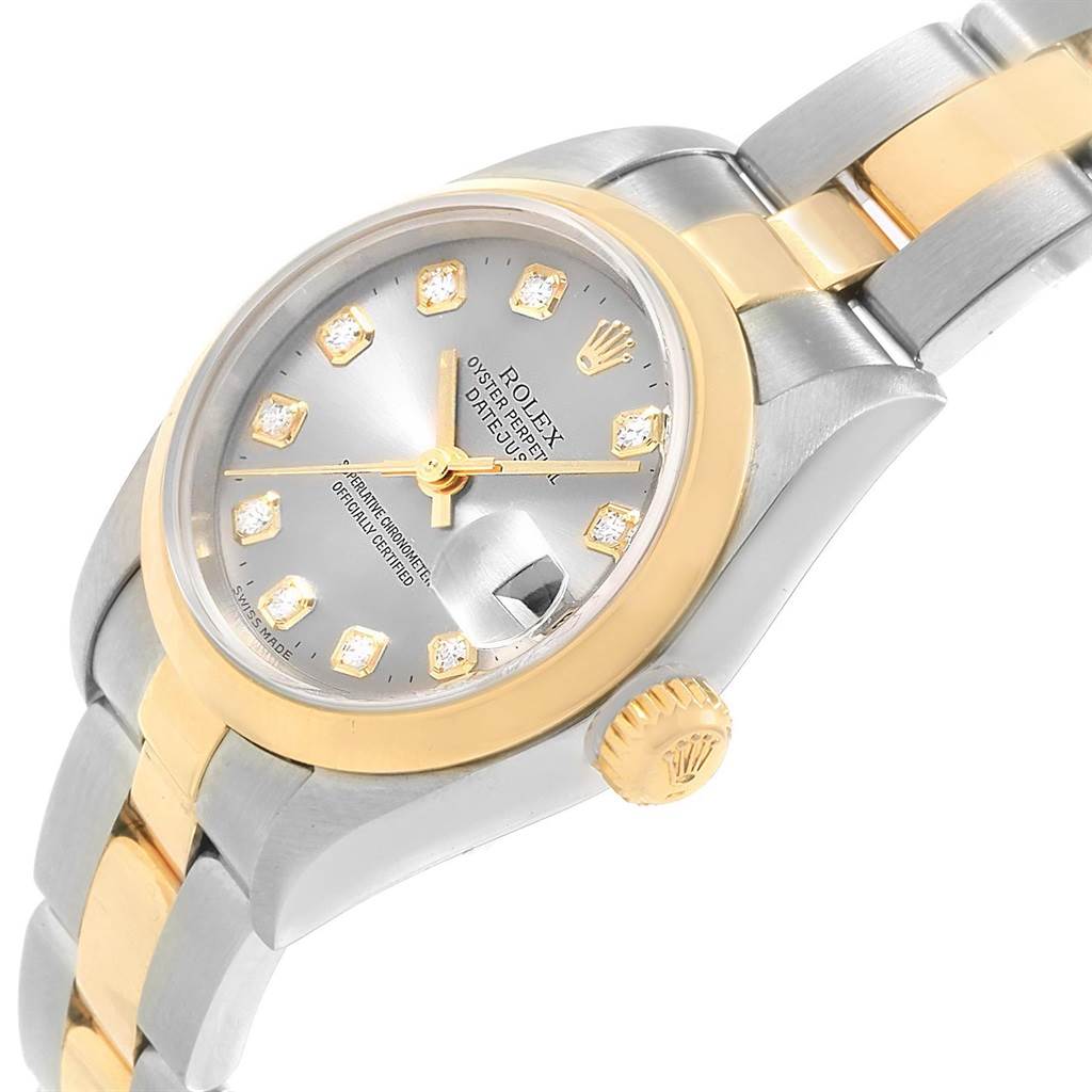 The image shows a close-up angled view of a Rolex Datejust 79163 Women's Steel and Gold (two tone) Silver Dial 79163 Women's Steel and Gold (two tone) Silver Dial watch displaying its dial, bezel, crown, and part of its bracelet.