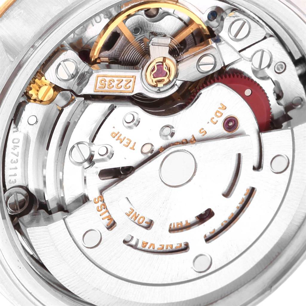 The image shows the intricate movement mechanism from the back of a Rolex Datejust 79163 Women's Steel and Gold (two tone) Silver Dial 79163 Women's Steel and Gold (two tone) Silver Dial watch.