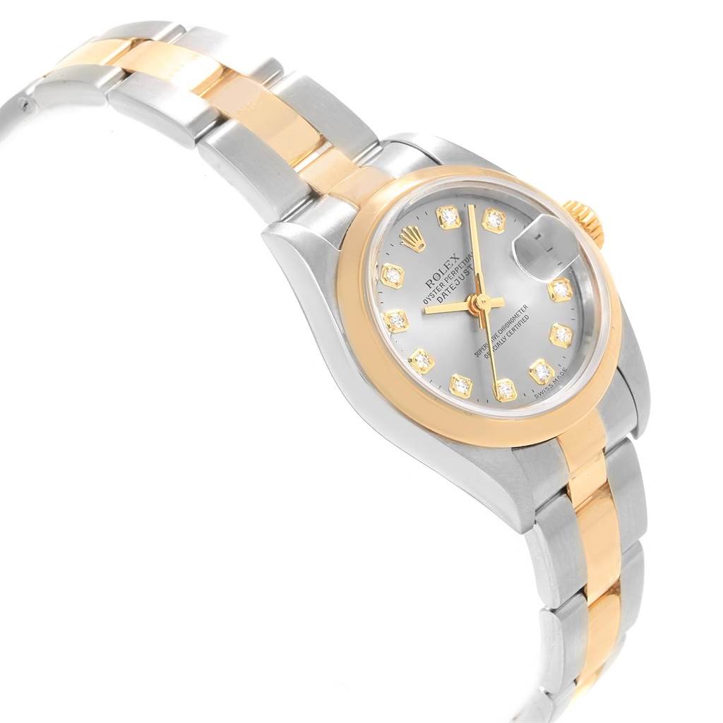 The image shows a Rolex Datejust 79163 Women's Steel and Gold (two tone) Silver Dial 79163 Women's Steel and Gold (two tone) Silver Dial watch angled to display the face, bezel, and bracelet.