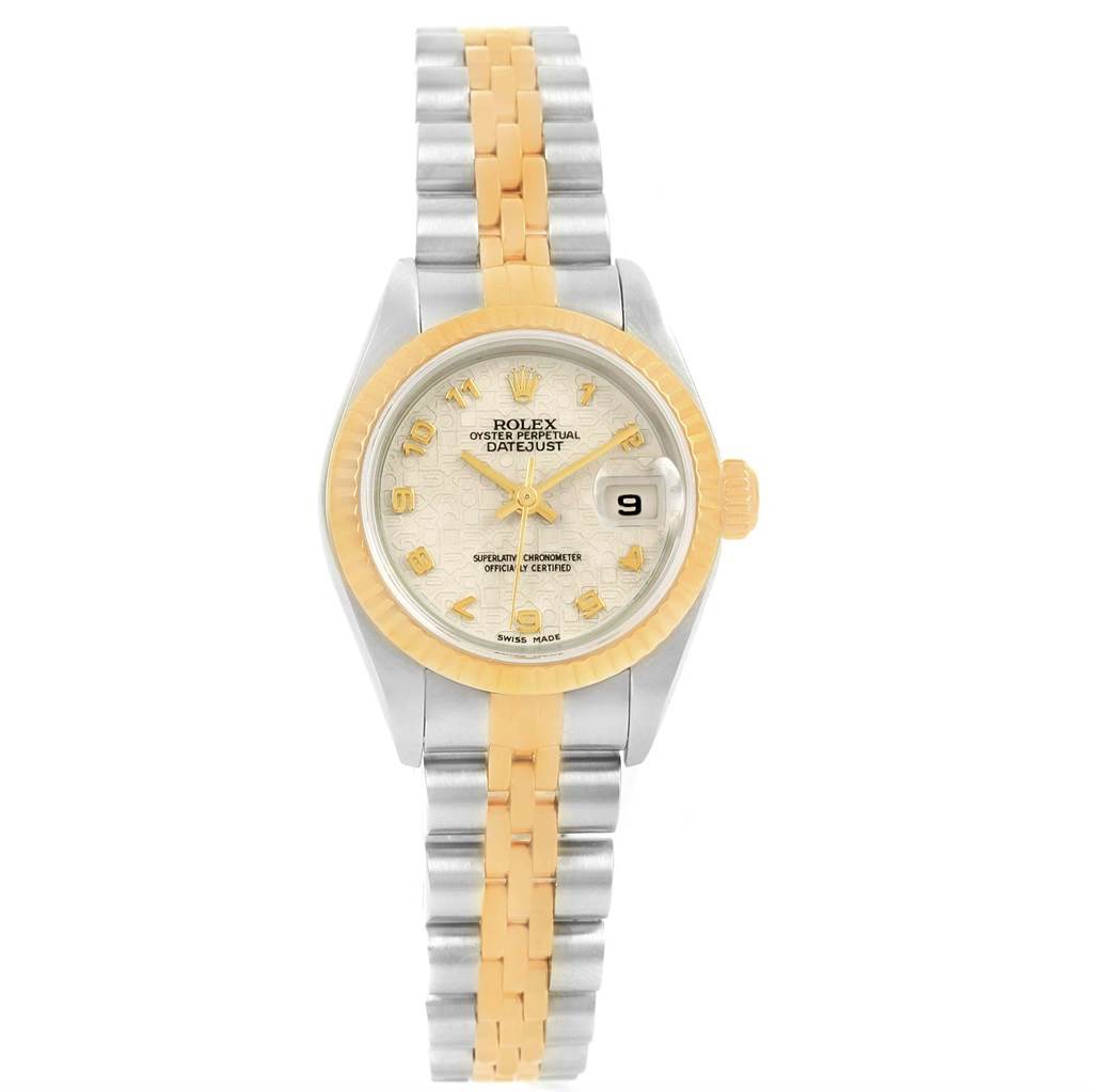 This Rolex Datejust 79173 Women's Steel and Gold (two tone) Beige Dial 79173 Women's Steel and Gold (two tone) Beige Dial watch is shown from the front, featuring a two-tone bracelet, gold fluted bezel, and date display.