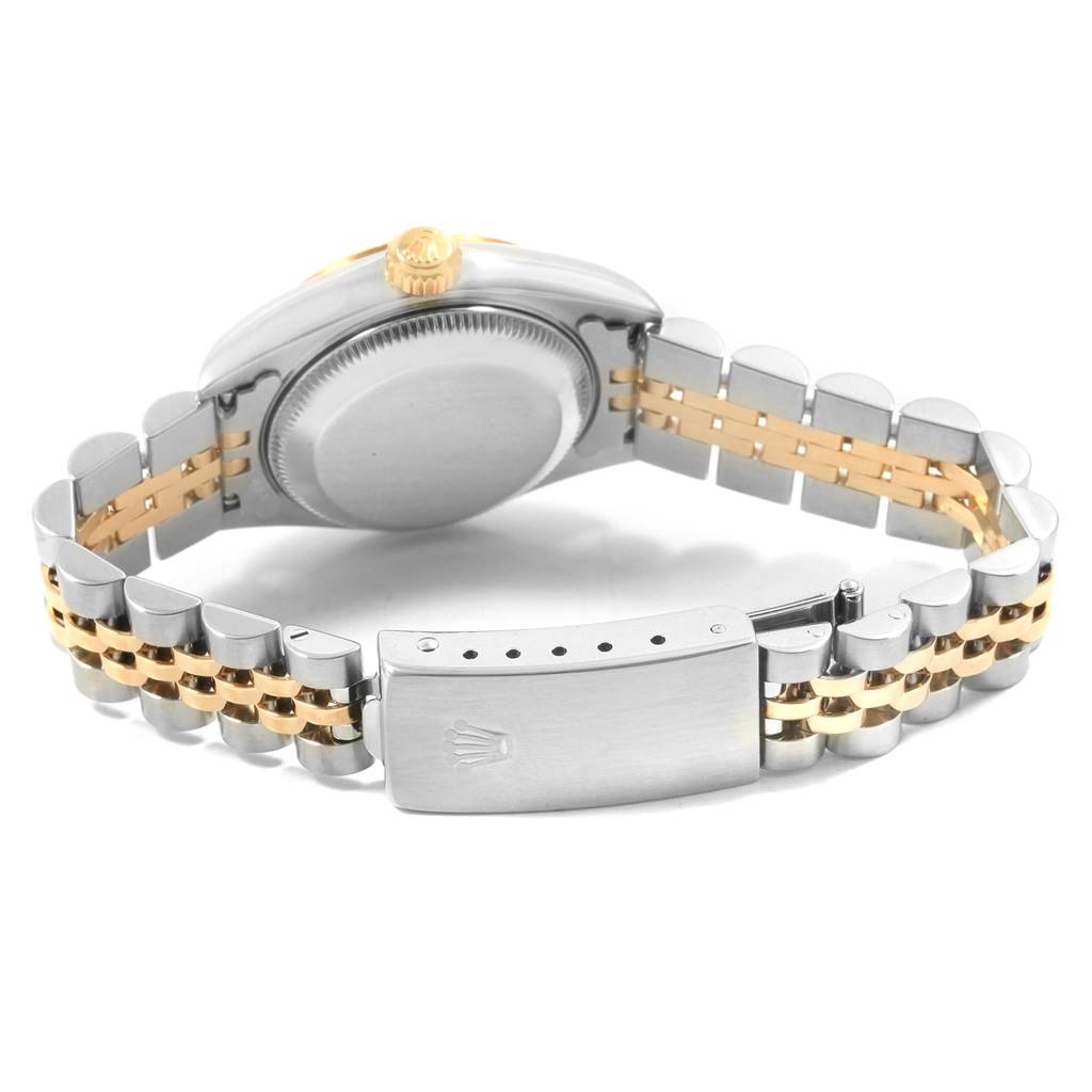 The image shows the case back, crown, and jubilee bracelet of a Rolex Datejust 79173 Women's Steel and Gold (two tone) Beige Dial 79173 Women's Steel and Gold (two tone) Beige Dial watch from a rear, slightly above angle.