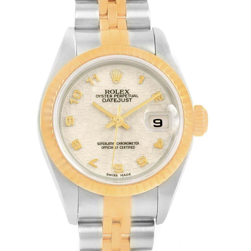 The image shows a frontal view of the Rolex Datejust 79173 Women's Steel and Gold (two tone) Beige Dial 79173 Women's Steel and Gold (two tone) Beige Dial watch, highlighting its dial, bezel, crown, and bi-metal bracelet.