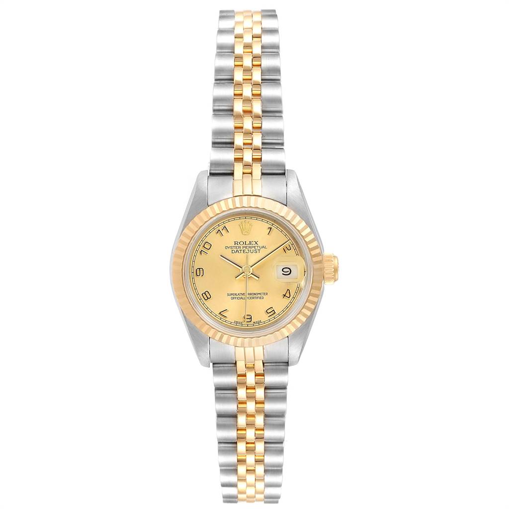 The image shows a front view of a Rolex Datejust 79173 Women's Steel and Gold (two tone) Champagne Dial 79173 Women's Steel and Gold (two tone) Champagne Dial watch, displaying the dial, bezel, and two-tone bracelet.