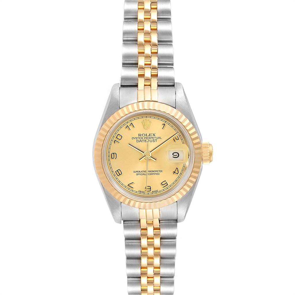 This Rolex Datejust 79173 Women's Steel and Gold (two tone) Champagne Dial 79173 Women's Steel and Gold (two tone) Champagne Dial watch is shown from a top-down angle, displaying the face, bezel, crown, and bracelet.
