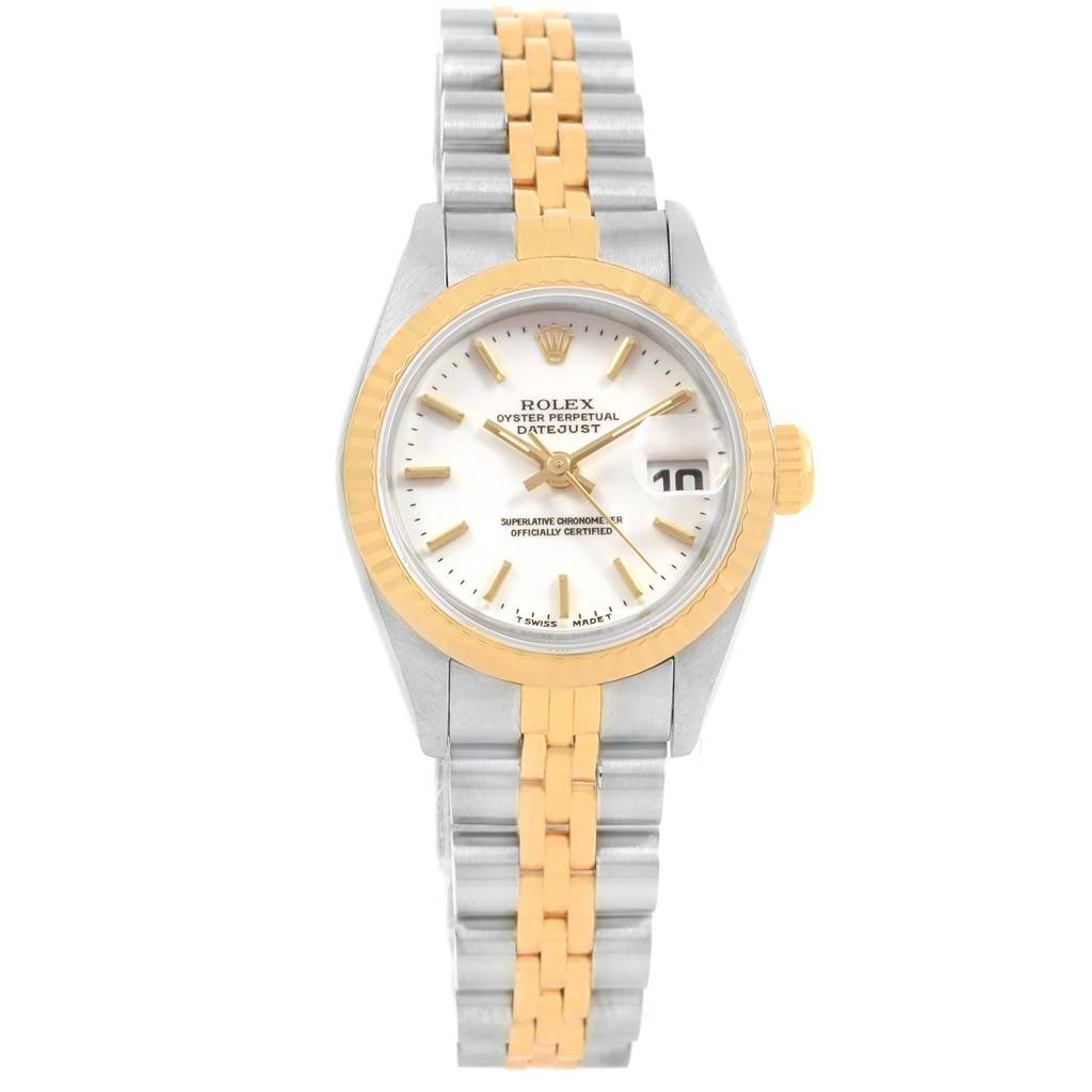 This image shows a frontal view of the Rolex Datejust 69173 Women's Stainless Steel White Dial 69173 Women's Stainless Steel White Dial watch, highlighting its dial, bezel, and two-tone bracelet.