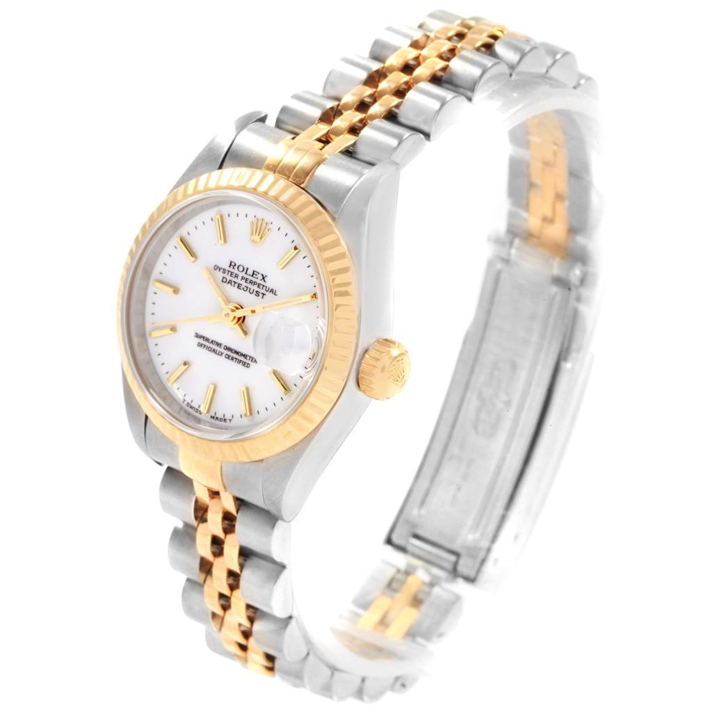 The image shows a Rolex Datejust 69173 Women's Stainless Steel White Dial 69173 Women's Stainless Steel White Dial watch at a slight angle, highlighting the dial, bezel, crown, and two-tone bracelet.