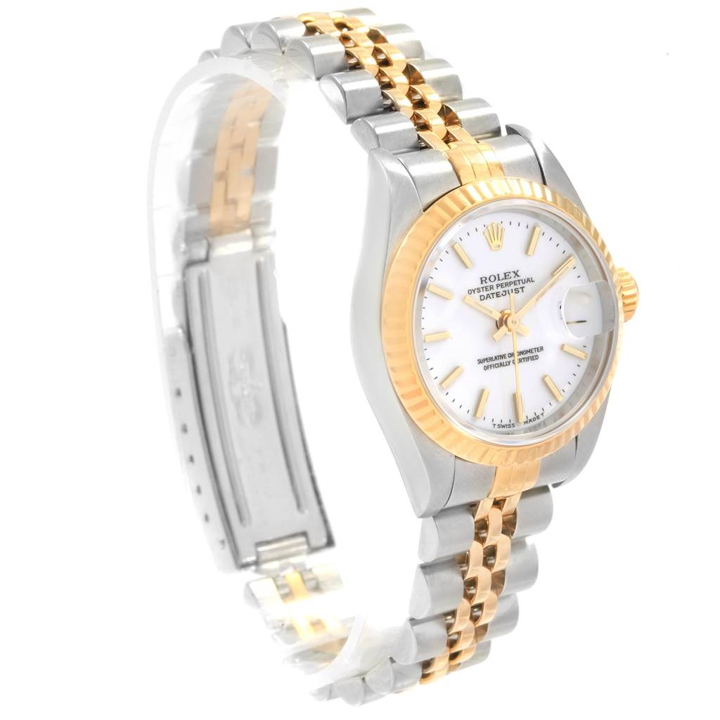 This image shows a side angle of the Rolex Datejust 69173 Women's Stainless Steel White Dial 69173 Women's Stainless Steel White Dial watch, displaying its two-tone bracelet, face, bezel, and clasp.