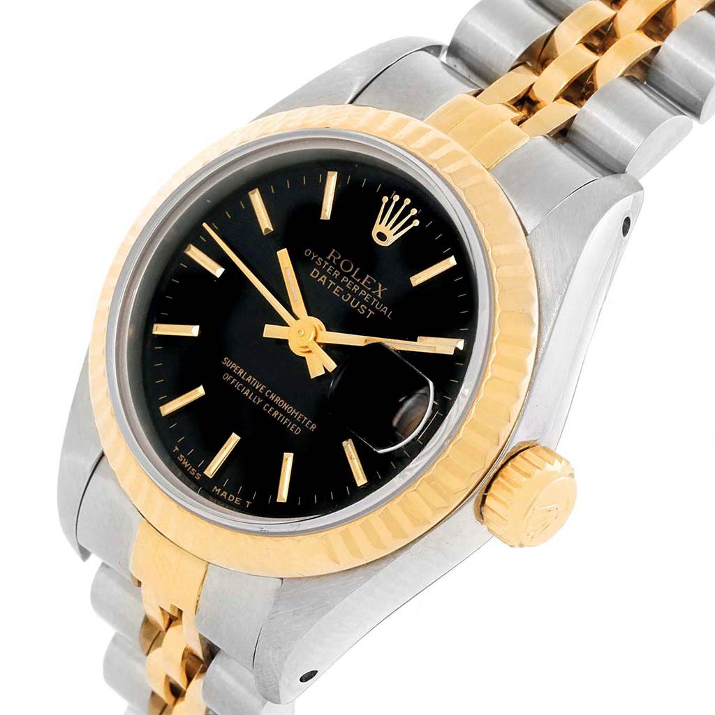 The image shows a Rolex Datejust 69173 Women's Stainless Steel Black Dial 69173 Women's Stainless Steel Black Dial watch at a slight angle, featuring its black dial, gold bezel, crown, and two-tone bracelet.
