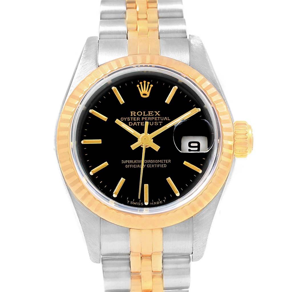 This image shows a frontal view of a Rolex Datejust 69173 Women's Stainless Steel Black Dial 69173 Women's Stainless Steel Black Dial watch with a two-tone bracelet and a black dial.