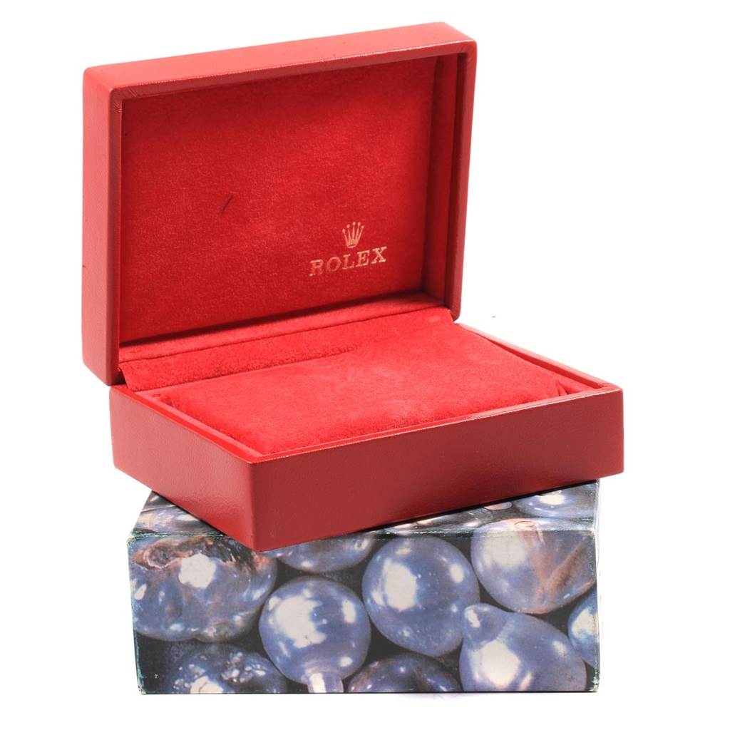 The image shows an open, red Rolex watch box, likely intended for a Datejust model.