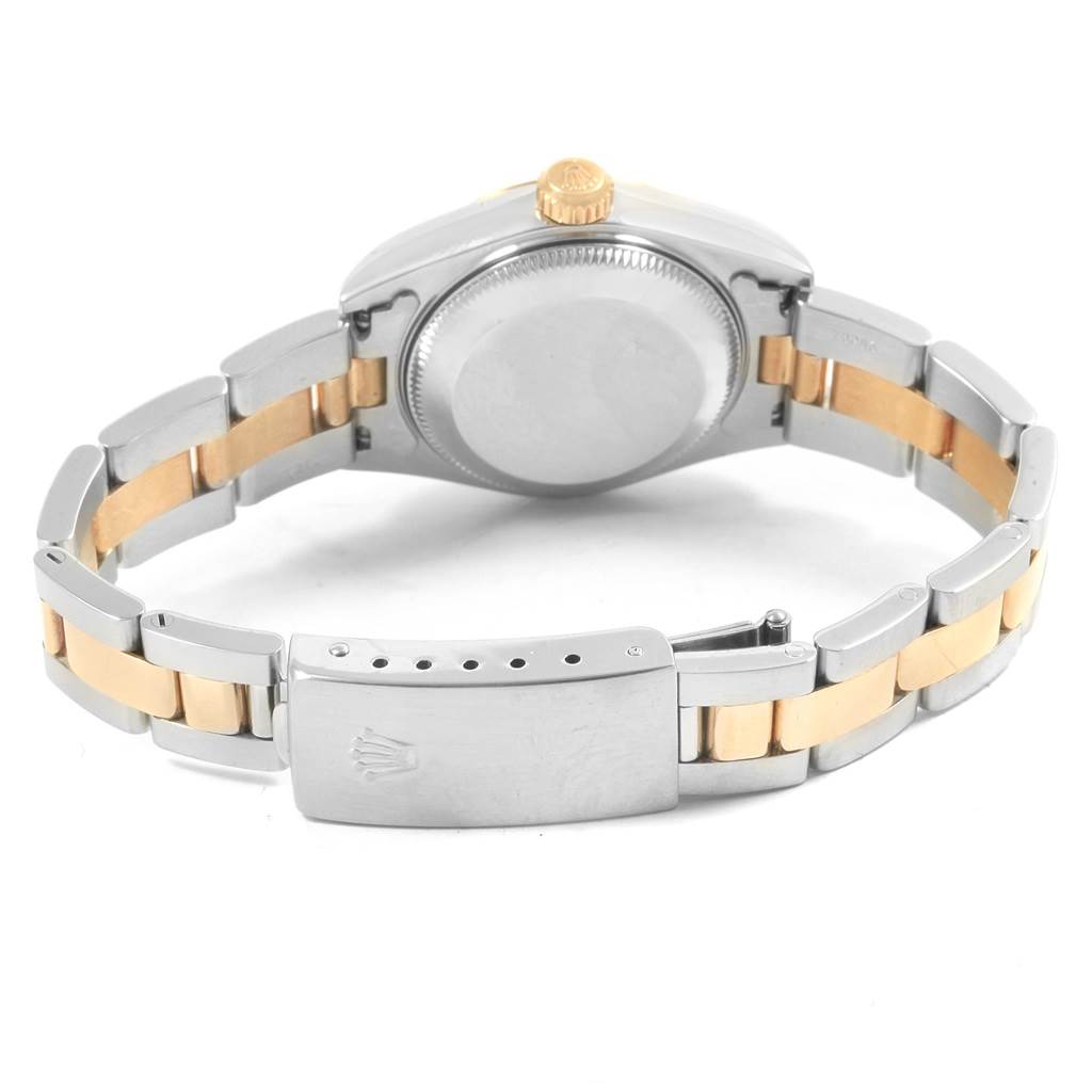 This image shows the back view of a Rolex Datejust 79173 Women
s Stainless Steel Black Dial 79173 Women
s Stainless Steel Black Dial watch, highlighting the case back and two-tone bracelet clasp.