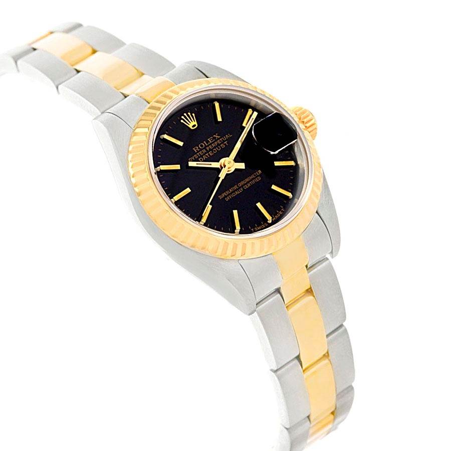 This Rolex Datejust 79173 Women
s Stainless Steel Black Dial 79173 Women
s Stainless Steel Black Dial model is shown at an angle emphasizing the face, bezel, and bracelet.