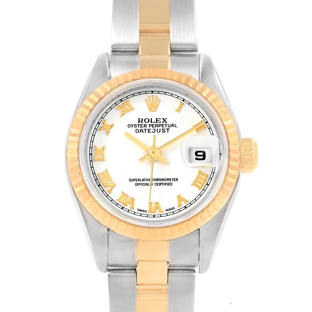 The image shows a Rolex Datejust 79173 Women's Steel and Gold (two tone) White Dial 79173 Women's Steel and Gold (two tone) White Dial watch from the front, highlighting the dial, bezel, and partial bracelet.