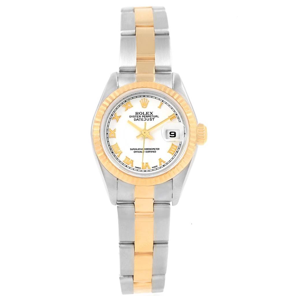 This image shows a Rolex Datejust 79173 Women's Steel and Gold (two tone) White Dial 79173 Women's Steel and Gold (two tone) White Dial watch from a top-down angle, displaying the dial, bezel, bracelet, and date window.
