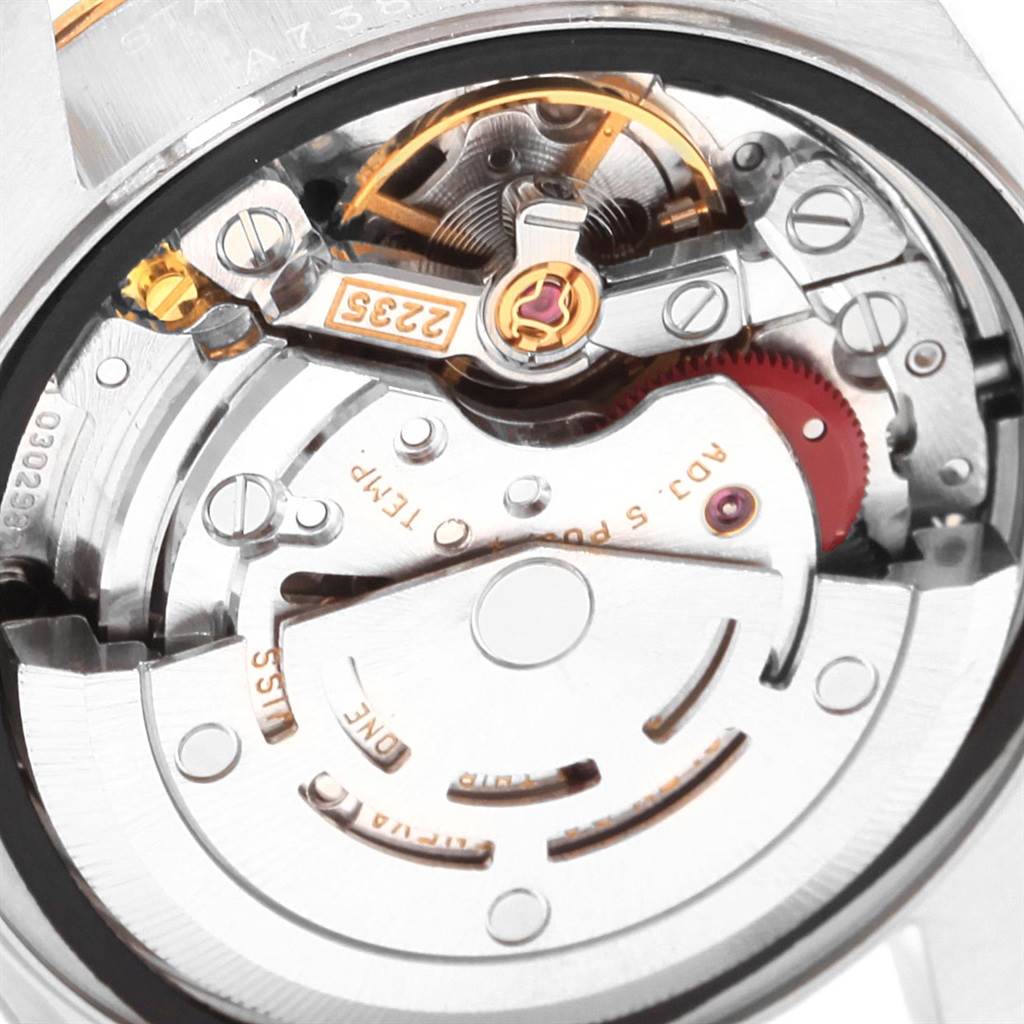 This is a close-up view of the internal movement mechanism of the Rolex Datejust 79173 Women's Steel and Gold (two tone) White Dial 79173 Women's Steel and Gold (two tone) White Dial watch.