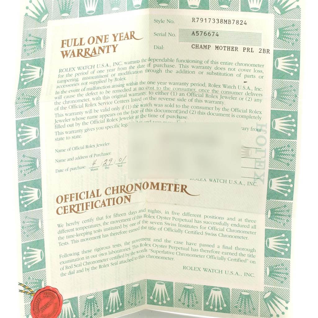 This image displays the official warranty and chronometer certification for a Rolex Datejust 79173 Women's Stainless Steel Mother of Pearl Dial 79173 Women's Stainless Steel Mother of Pearl Dial watch.