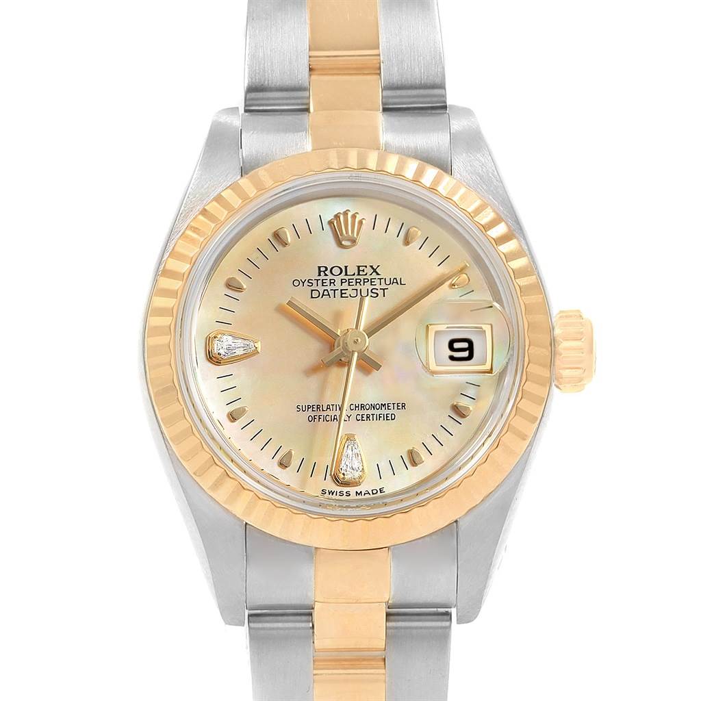 This Rolex Datejust 79173 Women's Stainless Steel Mother of Pearl Dial 79173 Women's Stainless Steel Mother of Pearl Dial watch is shown from a front angle, displaying its dial, bezel, and bracelet.