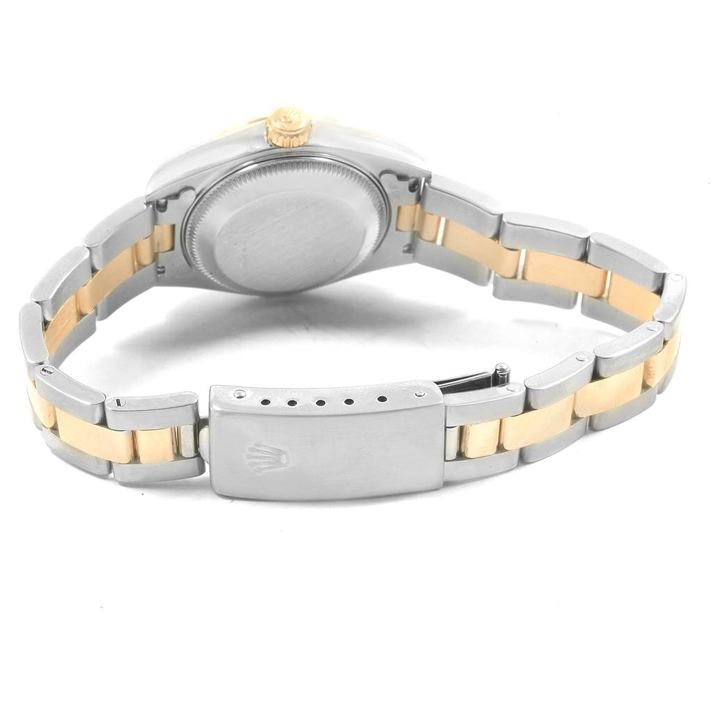 This image shows the back view of a Rolex Datejust 79173 Women's Stainless Steel Mother of Pearl Dial 79173 Women's Stainless Steel Mother of Pearl Dial watch, highlighting the case back, clasp, and two-tone metal bracelet.