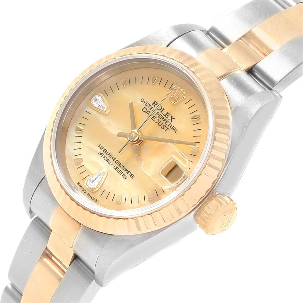 This image shows a Rolex Datejust 79173 Women's Stainless Steel Mother of Pearl Dial 79173 Women's Stainless Steel Mother of Pearl Dial watch at an angled view, highlighting the dial, bezel, crown, and part of the bracelet.